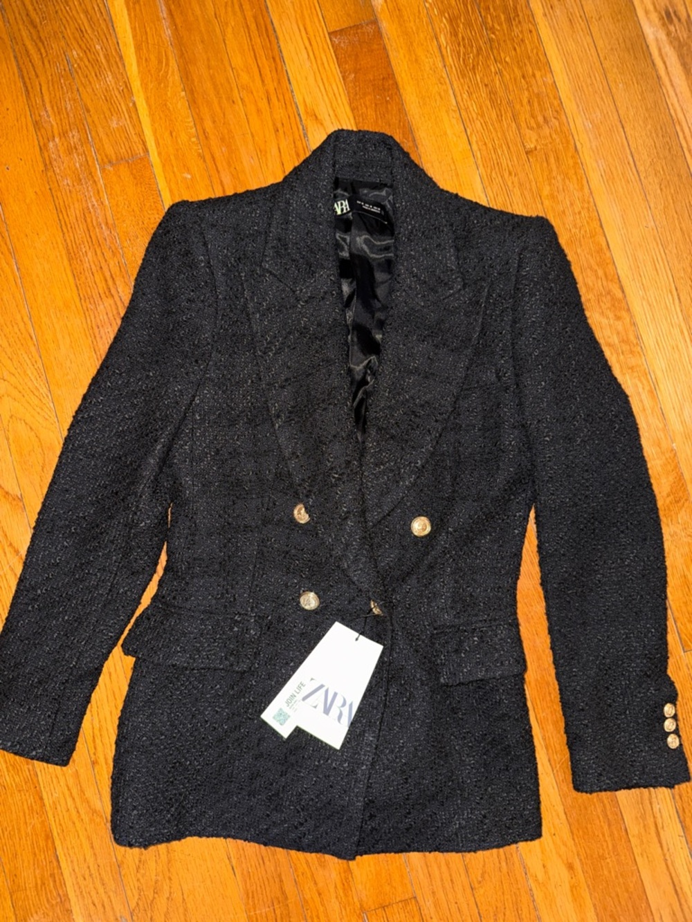 NWT Zara Black textured Tweed Double-Breasted Blazer with Gold Buttons size M - Picture 2 of 4